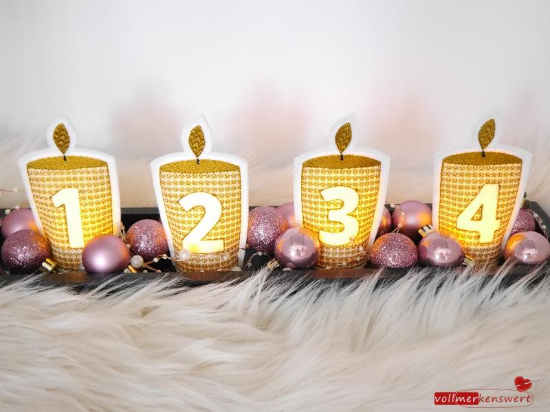 4 ITH-Stickdateien LED-Teelicht-Cover Adventskranz-Kerzen im Set für 10 x 10 cm Stickrahmen